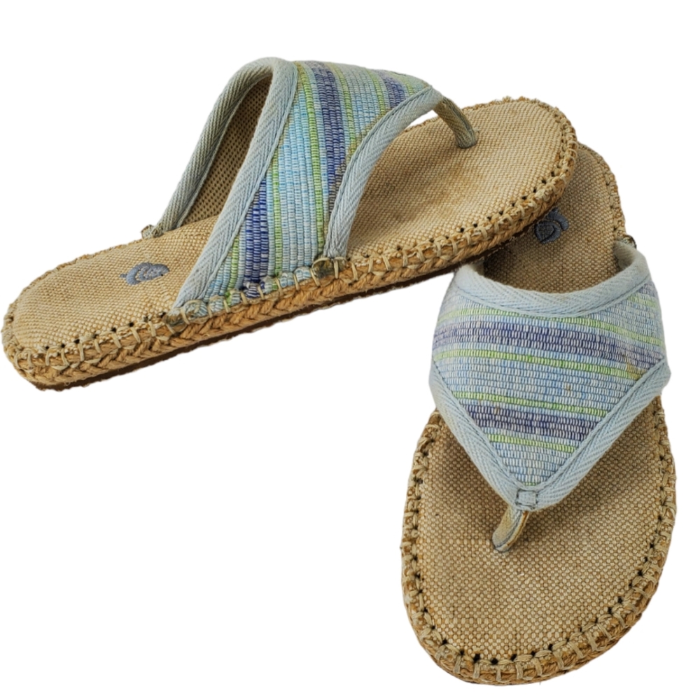 Acorn "Espie" Striped Canvas Jute Thong Slip On Sandals Blue Beige Sz 7